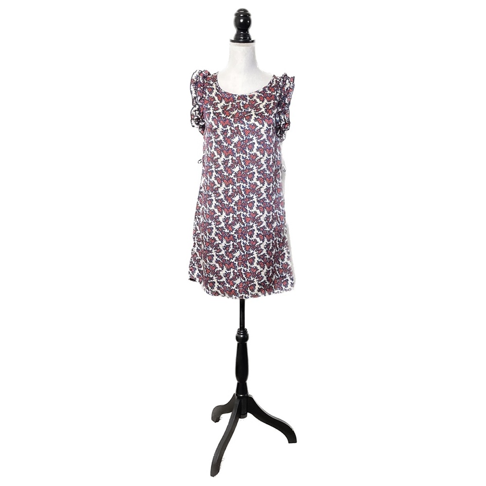 Francescas Collection S Ruffle Sleeve Short Shift Dress Floral Satin Red Navy